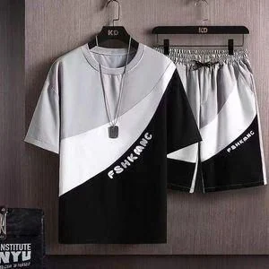 Dou-color Men's 2-in-1 Short Sleeve & Shorts Set - Black, Polyester, Soft & Breathable