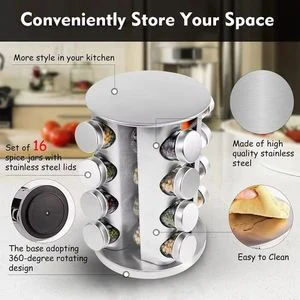 Professional 16-Jar Rotating Spice Rack Organizer - 360° Stainless Steel Revolving Seasoning Tower - Space-Saving Countertop Spice Carousel with Glass Jars and Sifter Lids