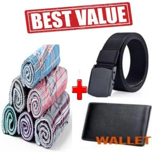 Belt for men + Wallet for men and  6Pcs Pure Cotton Checked Men’s Boxers, Multicolor