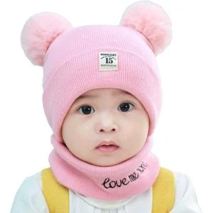 Kids Double Pom-Pom Winter Beanie Hat and Loop Scarf Set – 2-Piece Ribbed Knit Cap and Matching Thermal Neck Warmer Combo for Infants and Toddlers