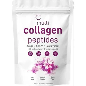Multi Collagen Peptides – Types I, II, III, V, X Unflavored Powder with Biotin, Vitamin C & Hyaluronic Acid (454g)