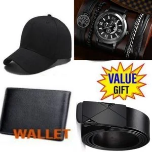 LEATHER BELTS ( 1 AUTOMATIC LOCK BELT) + Mens Buckle Leather WALLET AND CAP + LUXURY WATCH