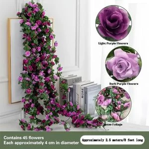 Wall-mounted Simulated Rose Vine -Rose Vine Artificial Flowers  -Wedding Party Home Wall Decoration-2.5 meters, 45 flowers - Purple