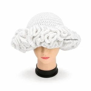 Seraphic Crochets White Women's Handmade Crochet Ruffle Hat – Soft Stylish Summer Sun Hat for Beach, Vacation & Casual Wear