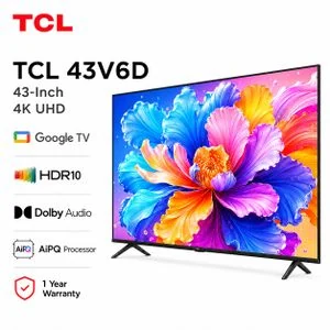 TCL 43V6D 43-Inch 4K UHD HDR10 Smart Google TV, AiPQ Processor, MEMC, Dolby Audio, HDMI 2.1 – 1 Year Warranty