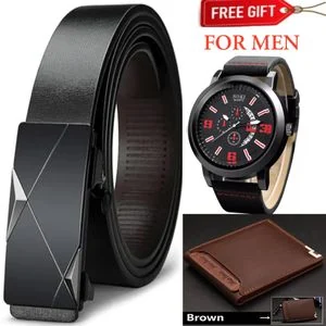 BEST BELT // Leather Automatic Soft Leather Men's Official Belt Automatic Buckle Men Leather Belt - Black// QUALITY MEN’S CASUAL/OFFICIAL BELT – DURABLE BUCKLE & COMFORT FIT //  - BLACK + LUXURY QUALITY WATCH  AND WALLET