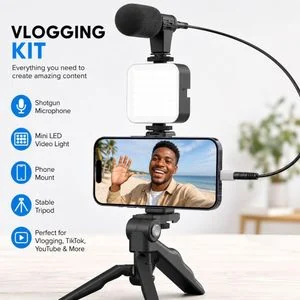 Vlogging Kit for iPhone, Android (with Tripod), with Mini LED Video Light + Shotgun Microphone + Phone Mount + Tripod for Video Calling, Vlogging, YouTube, Instagram, TikTok