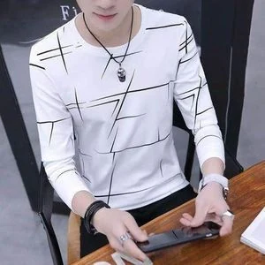 Dou-color Men's Fashion Long Sleeve Striped Shirt New Upgraded O-neck Casual T Shirt - White