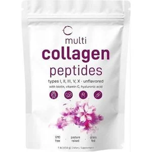 Organic Multi Collagen Peptides – Types I, II, III, V, X Unflavored Powder with Biotin, Vitamin C & Hyaluronic Acid (454g)