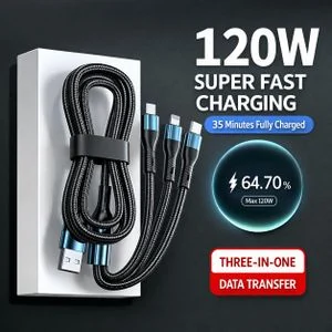 120W 3-in-1 Fast Charging Cable, Type-C/Micro USB/Lightning Triple Charger Cord