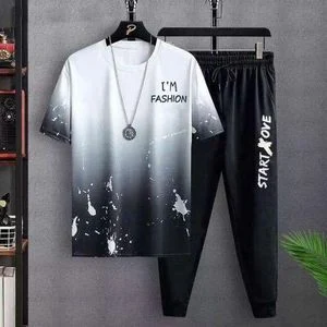 Dou-color Trousers Men's 2-in-1 Short Sleeved T-shirt And Pants Set - Black