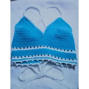 Handmadecraft Women’s Handmade Crochet Bralette Top – Blue & White – Medium – Lace-up
