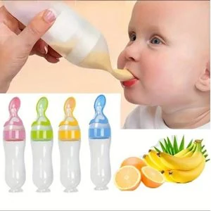 Littloo Soft Silicone Squeeze Baby Feeding Bottle with Spoon Tip – 90ml Food-Grade Infant Feeder with Clear Graduated Markings, Flexible Silicone Spoon, and Protective Cover Shield