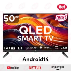 Itel TV 50 inch, QLED, Smart TV, FHD, Frameless, Bluetooth, Android14, Wifi, Digital, Netflix, YouTube, Prime, 50" TV, television (1 year warranty, limited time promote)