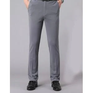Men’s Lightweight Slim Fit Business Trousers Thin Stretch Mid-Waist Flat Front Summer Office Pants – Gray