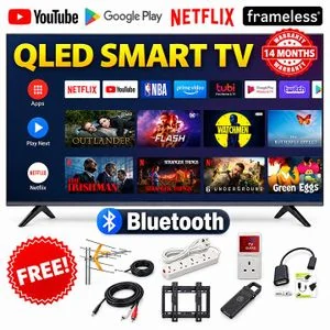 Vitron HTC32 32" INCH SMART ANDROID QLED HD TV,BLUETOOTH ENABLED,WIFI ENABLED,NETFLIX,YOUTUBE, ICAST FRAMELESS SCREEN-BLACK (1 YR WARRANTY) + 7 FREE GIFTS