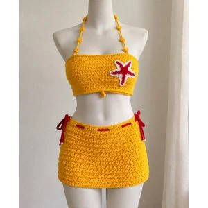 Yellow Beach Starfish Crochet Set - Handmade Crochet Bikini Top & Matching Skirt Two-Piece Set with Bold Red & White Starfish