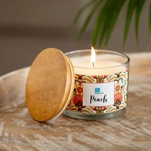 Premium Hand Poured Fresh Peach Scented Soy Wax Candle – Natural Aromatherapy Decorative Home Fragrance Candle in Amber Glass Jar with Matte Black Lid and Gift Box