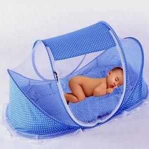 Cushioned Baby Mosquito Net - Portable Blue Bed for Newborns to 2Y