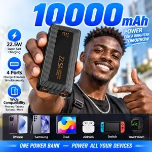 Besundy 10000mAh Power Bank 22.5W Fast Charge Power Bank Type C Dual Output Power Bank Type C Micro USB QC Fast Charging LED Display With Flashlight