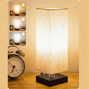 Gadtom Table Lamp for Bedroom -3 Color Temperatures  Bedside Lamps for Nightstand, Minimalist Night Stand Light Lamp with Square Fabric Shade