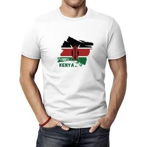 ASHION 100% Cotton Men's T‑Shirt, Vintage Kenya Country Map Flag Print Crew Neck Short‑Sleeve Daily Tops