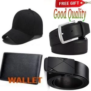 2 LEATHER BELTS ( 1 AUTOMATIC LOCK BELT) + Mens Buckle Leather WALLET AND CAP
