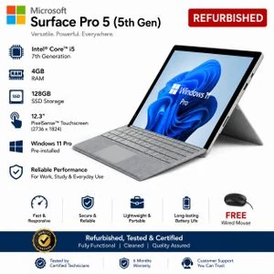 Refurbished Microsoft S urface Pro 5 Model 1807 2-in-1 Convertible Laptop Intel Core i5 7th 4GB RAM 128GB SSD 12.3 inch Touchscreen Windows 11 pro