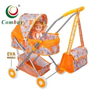 Doll Stroller Playset with Baby Doll, Diaper Bag & Carry Basket – Orange in colour and foldable