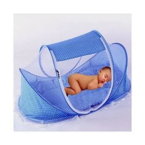 Baby Portable Bed with Cushioned Fibre Mattress & Blue Mosquito Net – Lightweight Foldable Newborn Sleeping Nest, Breathable & Comfortable Infant Travel Bed with Insect Protection