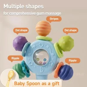 2-in-1 Baby Teether Rattle Toy Manhattan Ball - Anti-Gagging Silicone Gum Massager with Crisp Bell Sound + FREE Heat-Resistant Feeding Spoon (BPA-Free)