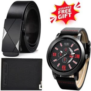 BEST Automatic buckle belt in black leather perfect for men’s fashions jeans + GIFTS MONEY LEATHER WALLET & WRIST MEN LUXURY WATCH & BRACELETS