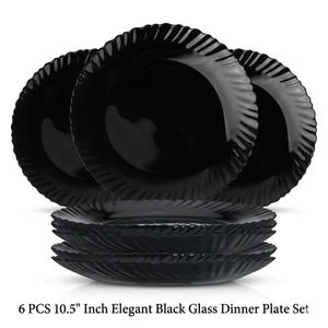 Sundabest 6 PCS 10.5"Inch  Elegant Black Glass Dinner Plate Set  – Durable & Stylish.
