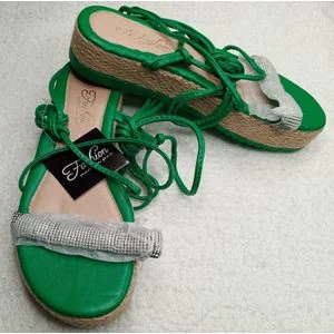 Women’s Green Wedge Sandals – Lace-Up Espadrille Platform with Rhinestone Strap