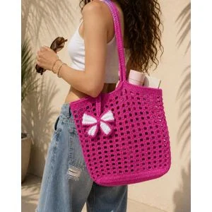 Summer Crochet Tote Bag – Women Handmade pink Beach & Shopping Bag