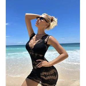 Black Crochet Mesh Beach Dress with Crisscross Neckline