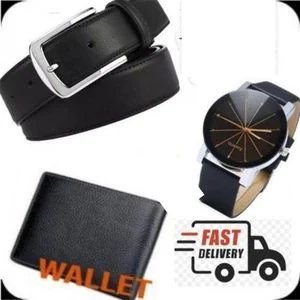 QUALITY MEN’S BLACK LEATHER BUCKLE BELT FOR OFFICE & OFFICIAL WEAR + FREE WALLET & WRIST WATCH
