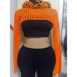 Crochet womens hadmade  mesh crop sweater-orange