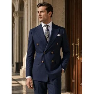 St Cassy Navy Blue Slim Fit Men Suit Double Breasted 2 Piece Peak Lapel Formal Wedding suit Jacket Trousers