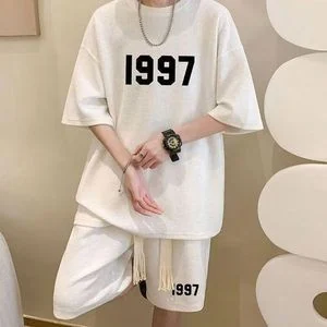 Dou-color Women's White Waffle 1997 Short Sleeve T-shirt & Shorts Set - Loose Fit
