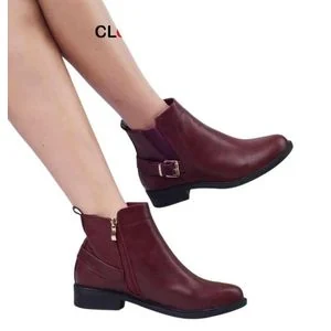 Women's Wine Leather Ankle Boots – Flat Chelsea-Style Booties with Zip & Buckle