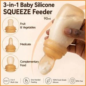 3-in-1 Baby Silicone Squeeze Feeder Bottle (90ml) - Food Dispensing Spoon, Fruit Feeder Teether & Mediclne Nipplle, BPA-Free Weaning Tool for Cereal, Pap, Puree & Juice
