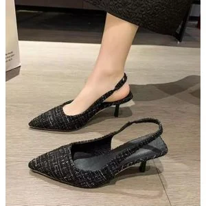 Women's Elegant Stylish & Comfortable Pointed Toe Slingback Kitten Heel Pumps - Black Tweed