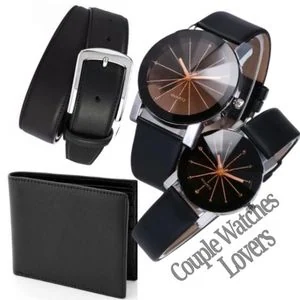 QUALITY MEN’S BLACK LEATHER BUCKLE BELT FOR OFFICE & OFFICIAL WEAR + FREE WALLET & WRIST WATCHES FOR LOVERS