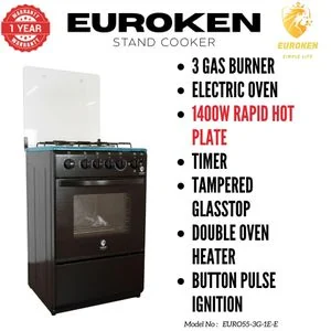 Euroken 50x55cm Standing Cooker, 3 Gas Burners + 1 Electric Hotplate, Electric Oven, Timer & Pulse Ignition –Black