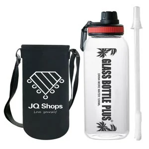 Premium Borosilicate Glass Bottle - Thickened Durable Water Jug with Straw, Protective Neoprene Sleeve & Adjustable Shoulder Strap - 100% Leak-Proof & BPA Free - 1200ml Large Capacity for Home, Gym & Office