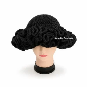 Seraphic Crochets Black Women's Handmade Crochet Ruffle Hat – Soft Stylish Summer Sun Hat for Beach, Vacation & Casual Wear