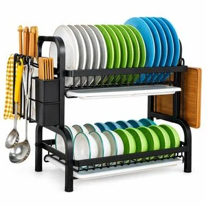 CYFAZA 2 Tier Dish Rack for Kitchen Counter, Dish Drying Rack with Draining Tray, Plate Rack & Dish Drainer, Utensil Holder and Cutting Board Holder
