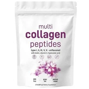 Multi Collagen Peptides Powder (Types I, II, III, V, X)  Unflavored Superfood Formula with Biotin, Vitamin C & Hyaluronic Acid for Anti-Aging Skin, Thick Hair, Strong Nails & Joint Support (