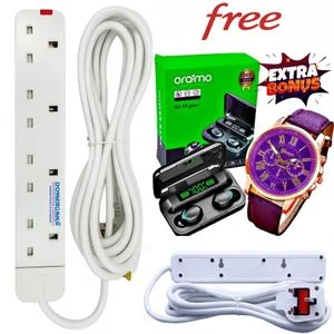 Power King  COMMERCIAL & HOME BEST 4-WAY POWER EXTENSION WITH LONG CABLE + F9 EARPOD AND LUXURY WATCH